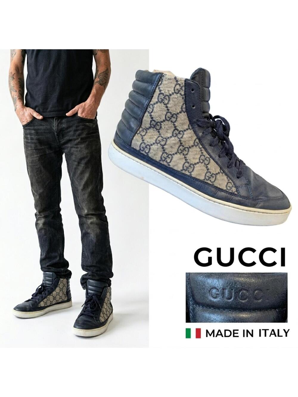 Gucci GG Supreme Men High-Top Sneakers Italy Blue Canvas 7